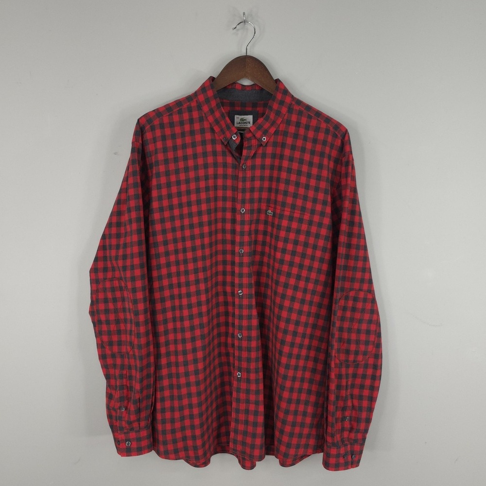 Lacoste Shirt Men 44 XLarge Red Check Long Sleeve Button Down Cotton Elbow Patch